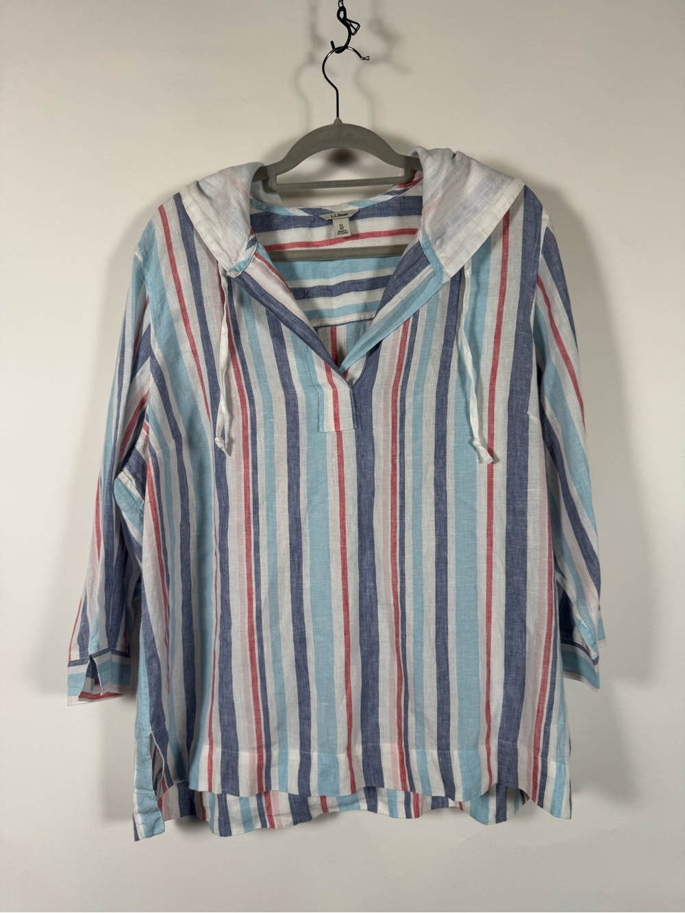 L.L.Bean XL 100% Linen Stiped Hooded Tunic Popover Coastal Nautical Preppy Beach